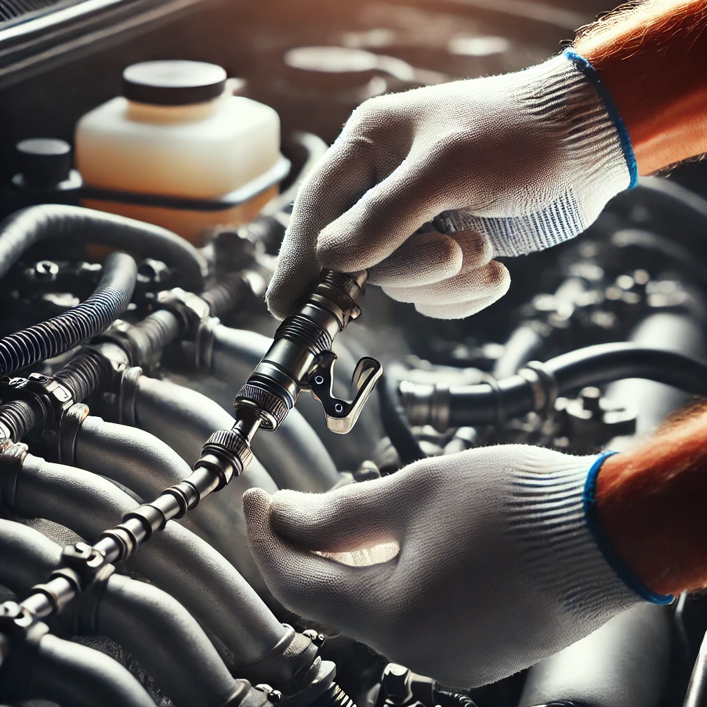 Mechanic inspecting the fuel system for optimal performance Inspecting a car's fuel system for improve throttle response